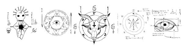 Hand drawn set with various esoteric symbols vector flat illustration Hand drawn set with various esoteric symbols vector flat illustration. Collection of different occultism drawing gothic sign isolated on white background. Mystic alchemy pentagram antique emblem satan goat stock illustrations