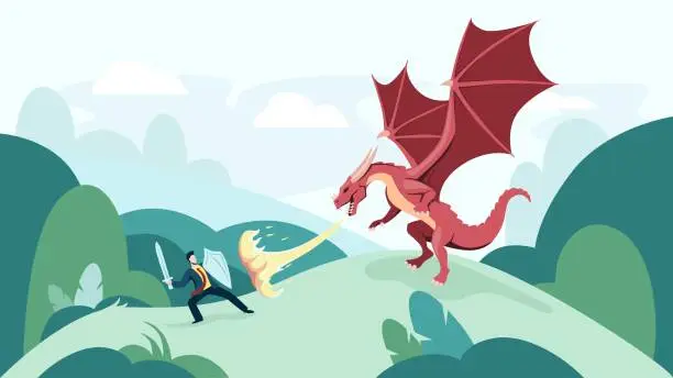 Vector illustration of Cartoon businessman fighting fire breathing dragon vector graphic illustration