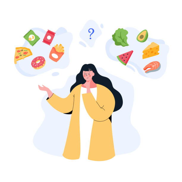 ilustrações de stock, clip art, desenhos animados e ícones de dieting woman choosing between healthy and unhealthy food vector flat illustration - white background cut out food choice