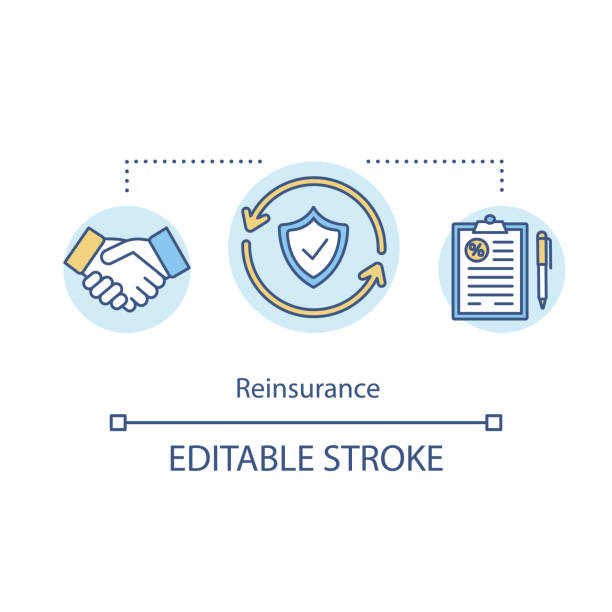 Reinsurance concept icon. Ceding company. Written contract. Treaty insurance. Risk management. Premium deal idea thin line illustration. Vector isolated outline RGB color drawing. Editable stroke Reinsurance concept icon. Ceding company. Written contract. Treaty insurance. Risk management. Premium deal idea thin line illustration. Vector isolated outline RGB color drawing. Editable stroke treaty stock illustrations