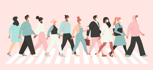 ilustrações de stock, clip art, desenhos animados e ícones de keep social distance coronavirus (2019-ncov), people in white medical face mask walking down the street. concept of coronavirus quarantine vector illustration. - crossing people panoramic road