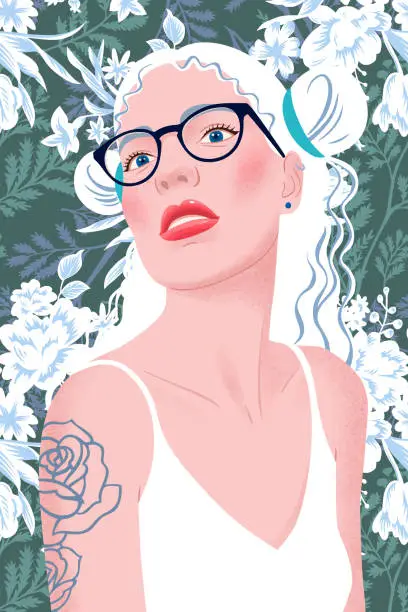 Vector illustration of Portrait of a blonde girl with hairstyle, eyeglasses and tank top. Young beautiful woman with makeup, red lips, long hair on floral background. Tattoo on shoulder. Modern flat vector illustration.