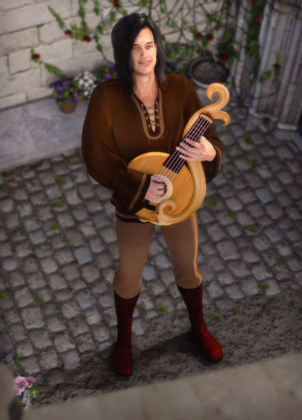 Attractive streetlife entertainer Troubadour playing a guitar for his love Attractive long haired streetlife serenader singer Troubadour playing a Serenader guitar for his beloved on the balcony, romance, 3d render. troubadour stock pictures, royalty-free photos & images