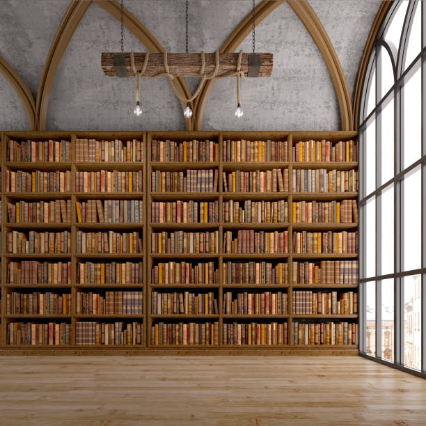 istock Old bookshelves in the library with arched window and ceiling lamp.Classic style.3d rendering 1226073489