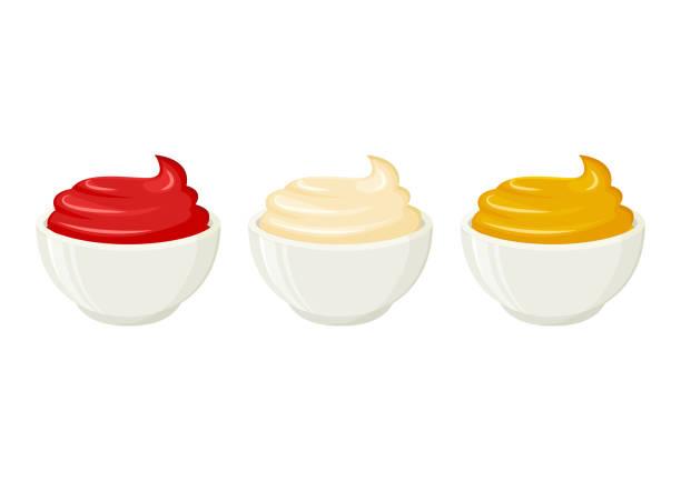 ilustraciones, imágenes clip art, dibujos animados e iconos de stock de cuencos de salsas. ketchup, mayonesa, mostaza aislada sobre fondo blanco. vector - mustard bowl isolated condiment