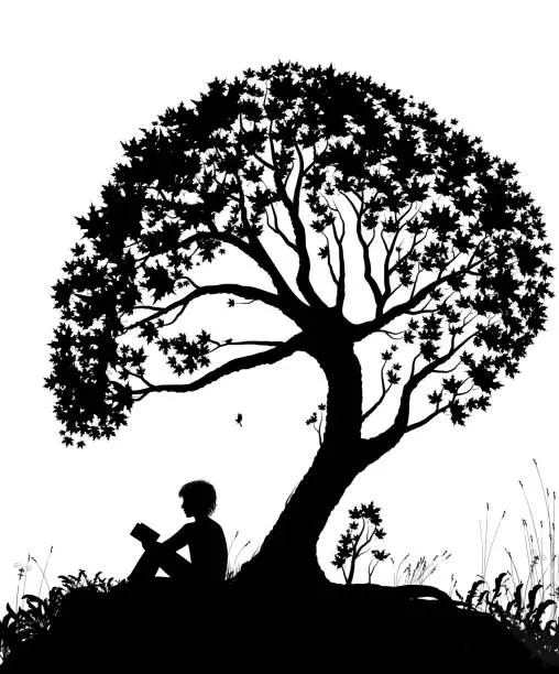 Vector illustration of best place to read concept, boy reading under the big tree, park scene in black and white, childhood memories, shadow story, vector