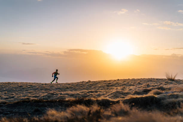 istock Young man trail runs up mountain at sunrise 1226076151