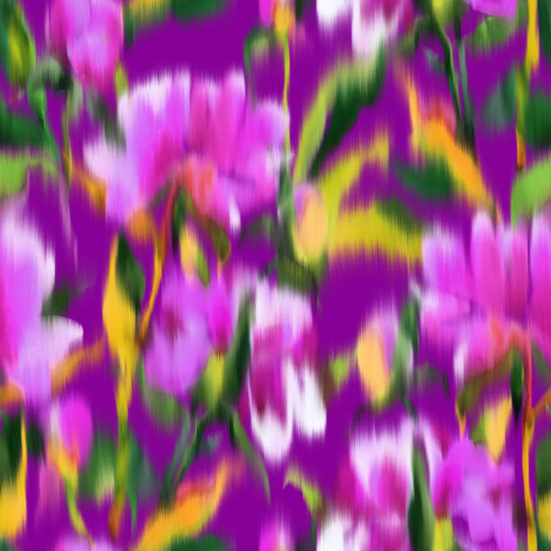 큰 꽃 꽃꽃 매끄러운 패턴입니다. 흐릿한 수채화 손 그린 모란, 싹과 잎. 침구, 벽지, 직물, 직물, 질감, 포장 또는 표면에 대한 초점이 맞지 않는 배경. - multi colored floral pattern acrylic painting purple stock illustrations