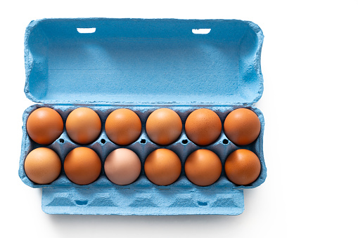 Dozen eggs carton blue isolated on white background brown eggs