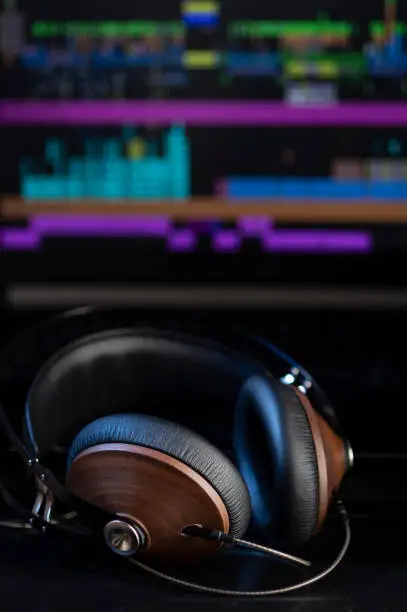 Hi-Fi headphones and computer in a home-studio audio recording and producing