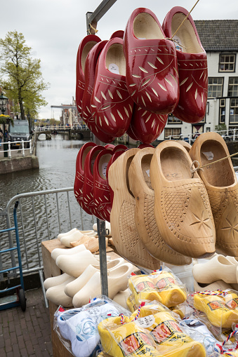 Alkmaar, Netherlands - April 21, 2017: Clogs for sale at the Alkmaar cheese market, Netherlands