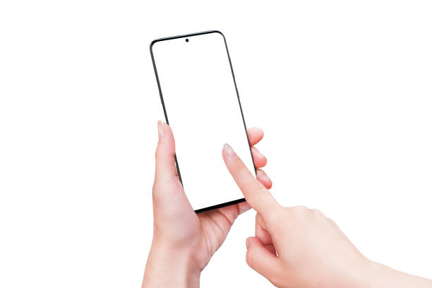 istock Phone mockup in woman hands isolated. Right hand touch display concept. Modern smart phone with thin edges and camera built into the display 1226078985
