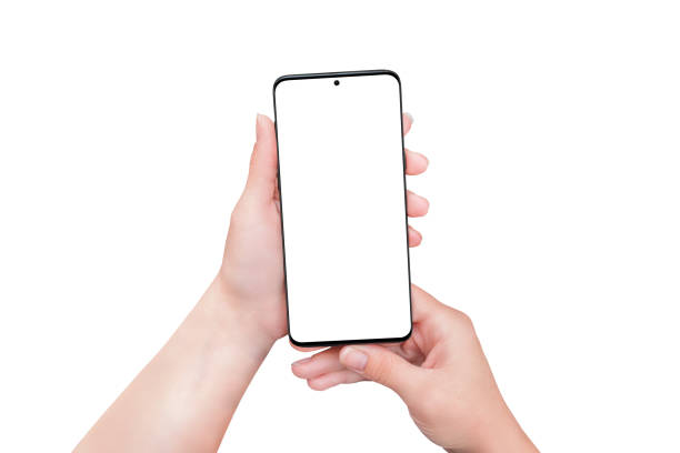 istock Isolated phone in woman hands. Smart object display for mockup, app or web page design presentation. Separated background 1226078990