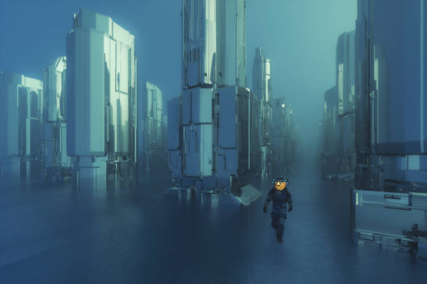 istock Futuristic city with man walking in hazmat suit 1226081510