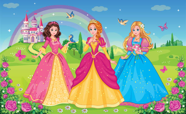 Set  beautiful elf princesses. Children's background with castle, rainbow and fabulous flower meadow. Wallpaper for girl. Wonderland. Cartoon illustration. Postcard for friends or family. Vectot. Set  beautiful elf princesses. Children's background with castle, rainbow and fabulous flower meadow. Wallpaper for girl. Wonderland. Cartoon illustration. Postcard for friends or family. Vectot. princess stock illustrations