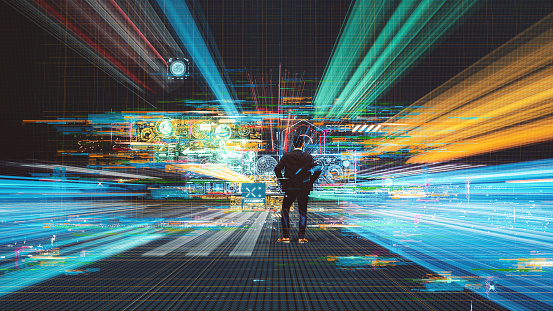 Abstract technology image with man using VR environment. This is entirely 3D generated image.