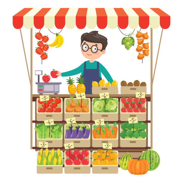 Green Grocer Shop With Various Fruits And Vegetables Stock Illustration -  Download Image Now - iStock