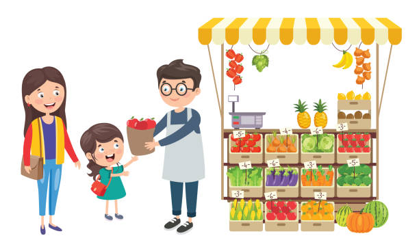 зеленый бакалейщик магазин с различными фруктами и овощами - farmers market fruit market berry fruit stock illustrations
