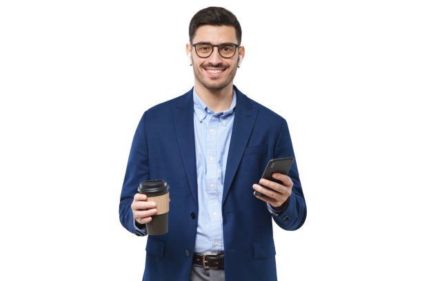 istock Modern teacher looking at camera with confident smile, having break with coffee and smart phone, isolated on gray background 1226086662