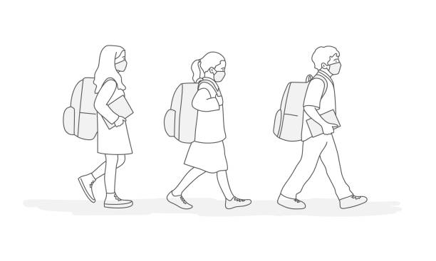 Pupils with Protection Mask Pupils with Protection Mask and Backpack Going to School. Line drawing vector illustration. schoolgirl uniform stock illustrations