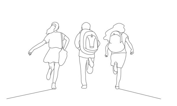 illustrations, cliparts, dessins animés et icônes de enfants d’école avec le sac à dos courir à l’école - move back