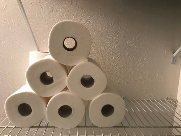 istock Toilet paper stacked on a shelf 1226089254