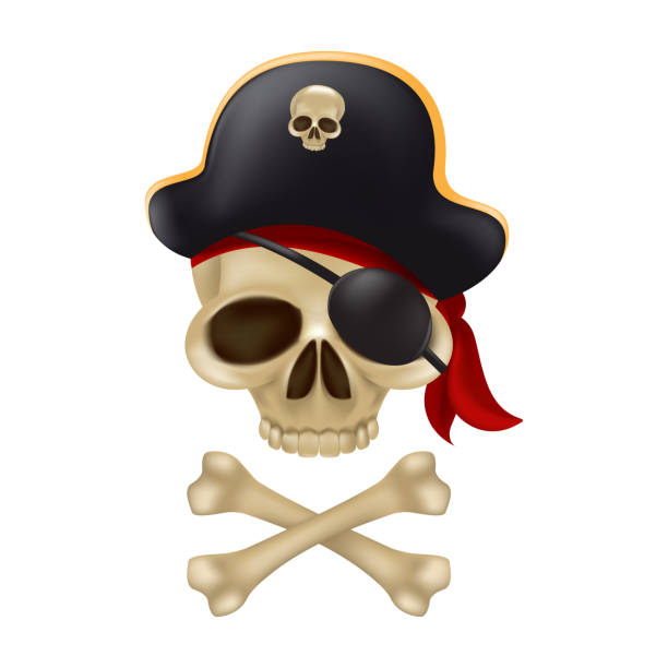istock Pirate skull with crossbones in the captain's hat. 3D sign or buccaneer emblem. Funny vector illustration of jolly roger with a red bandana and black blindfold isolated on white background 1226090433