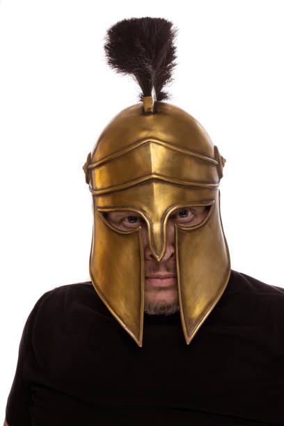 istock Man in historical copy helmet Spartan warrior on a white background 1226090609