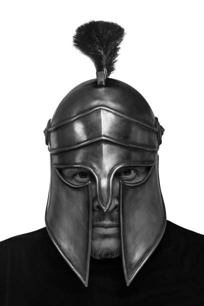 istock Man in historical copy helmet Spartan warrior on a white background 1226091435
