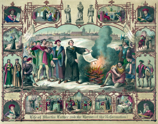 Life of Martin Luther (1483-1546) Vintage illustration features the life of Martin Luther (1483-1546), a German professor of theology, composer, priest, and Augustinian monk whose efforts to reform the theology and practice of the Catholic Church launched the Protestant Reformation in the 16th century. Lutheranism is one of the largest branches of Protestantism that identifies with the teachings of Martin Luther. protestantism stock illustrations