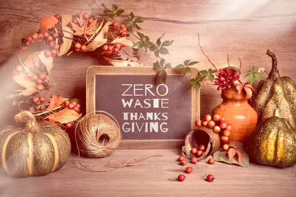 Autumn rustic decorations with text "Zero waste Thanksgiving" on a chalk board. Natural Fall decorations with berries, Autumn leaves, red rowan berry and mushrooms on wood. Eco friendly decor.