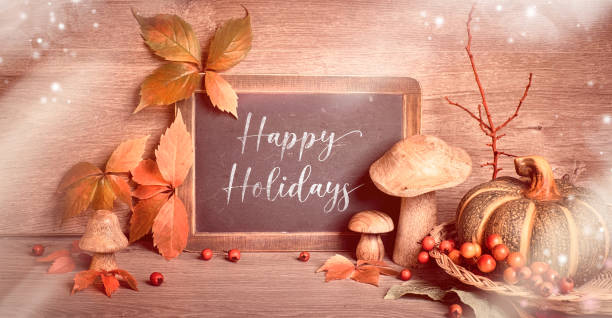 istock Autumn traditional decorations, toned panoramic image. Text 