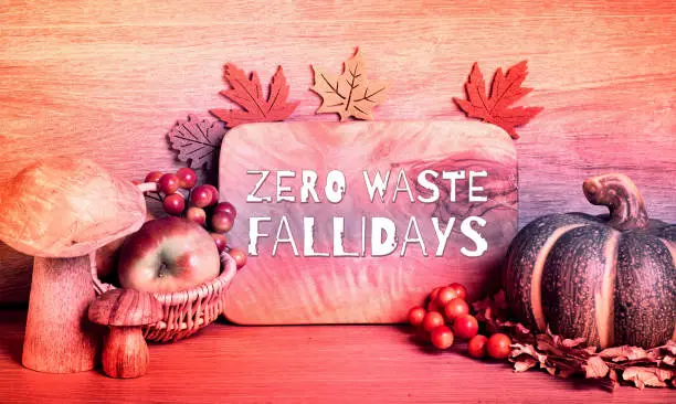 Text "Zero waste Fallidays" on wooden board. Autumn traditional decorations, toned panoramic image. Fall wreath with berries, mushrooms, pumpkins, flowers on wood.