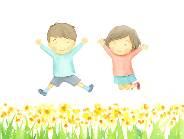꽃 정원에서 놀고있는 아이들의 수채화 그림. - child jumping white background small stock illustrations
