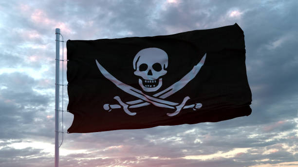 istock Pirate Flag Waving. Skull and Swords. Blue Sky, 3D Illustration 1226096785