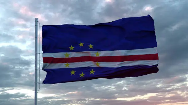 Cape Verde flag on beautiful sky background. 3D illustration.