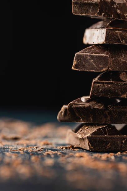 istock Stack of dark chocolate pieces on dark background. Close-up. Copy space. 1226099760