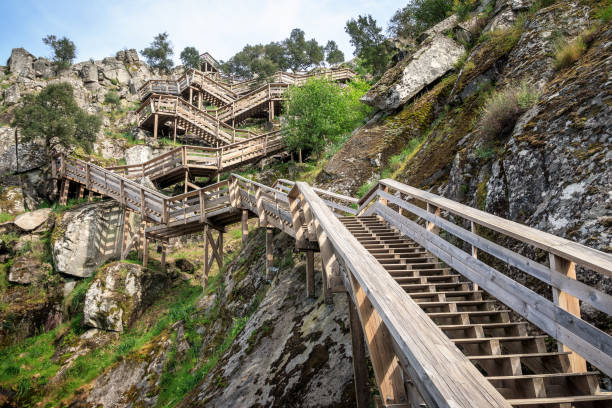 View of the emblematic staircase of the Paiva walkways, near Arouca in Portugal. stock photo