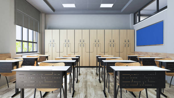 Classroom design with modern desks and seats realistic 3D rendering stock photo