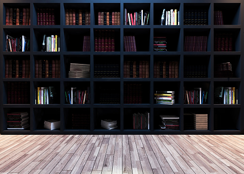 Modern library design, black bookshelf 3D rendering