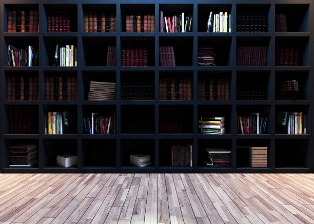 modern kütüphane tasarımı, siyah kitaplık 3d render - office bookshelf stok fotoğraflar ve resimler