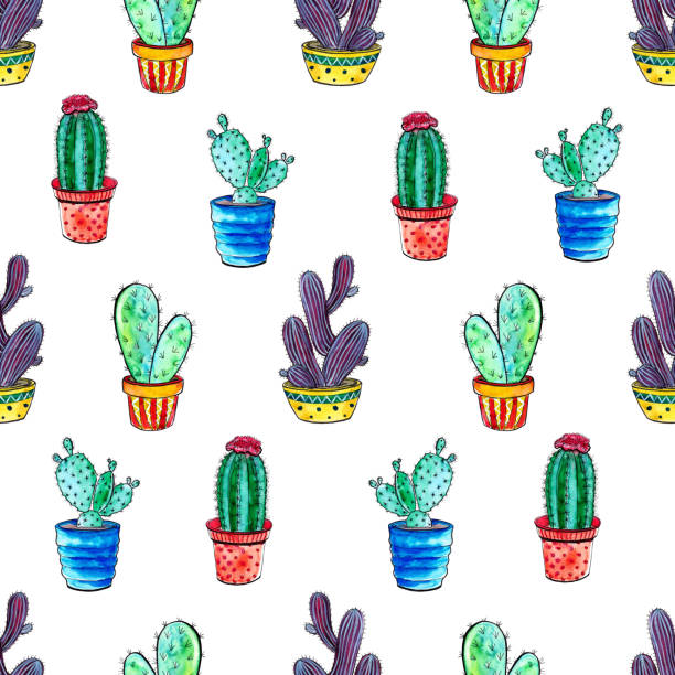 illustrations, cliparts, dessins animés et icônes de modèle d’aquarelle de cactus sur le fond blanc - southwest usa floral pattern textile textured