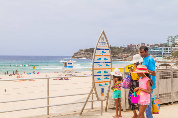 nuotatore che cammina sulla sabbia a bondi beach, sydney, australia - men swimming trunks beach racing briefs foto e immagini stock