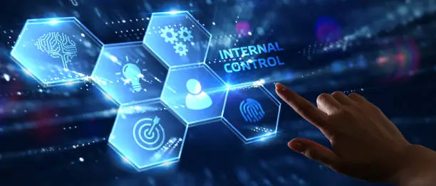 Businessman presses button internal control on virtual screens. Business, Technology, Internet and network concept.