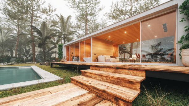 Modern House In The Forest Modern house in the forest. eco tourism photos stock pictures, royalty-free photos & images