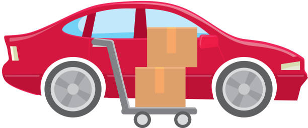 istock Curbside pick up concept Red sedan car and boxes on a shopping cart 1226114916