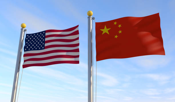 American flag. Chinese flag. Fluttering in the wind. 3D illustration stock photo