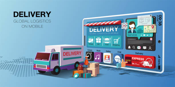 globale lieferdienste für online-shopping auf mobilen anwendungen per lkw - delivery van distribution warehouse vector shipping stock-grafiken, -clipart, -cartoons und -symbole