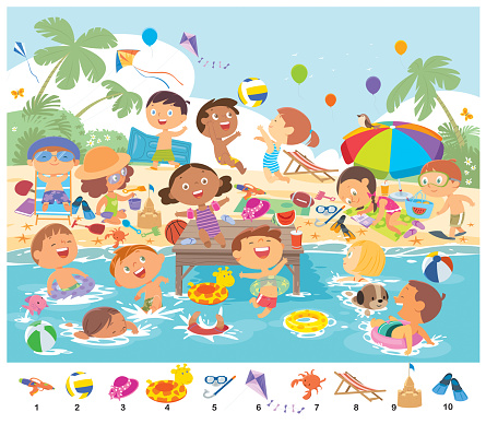 Vector Find 10 objects in the picture. Puzzle Hidden Items. Happy kids having fun on the beach