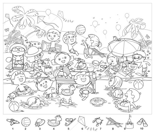 색칠 하기 책, 그림에서 10 개체를 찾을 수 있습니다. 퍼즐 숨겨진 항목. 해변에서 즐거운 시간을 보내는 행복한 아이들 - fruit drawing watermelon pencil drawing stock illustrations